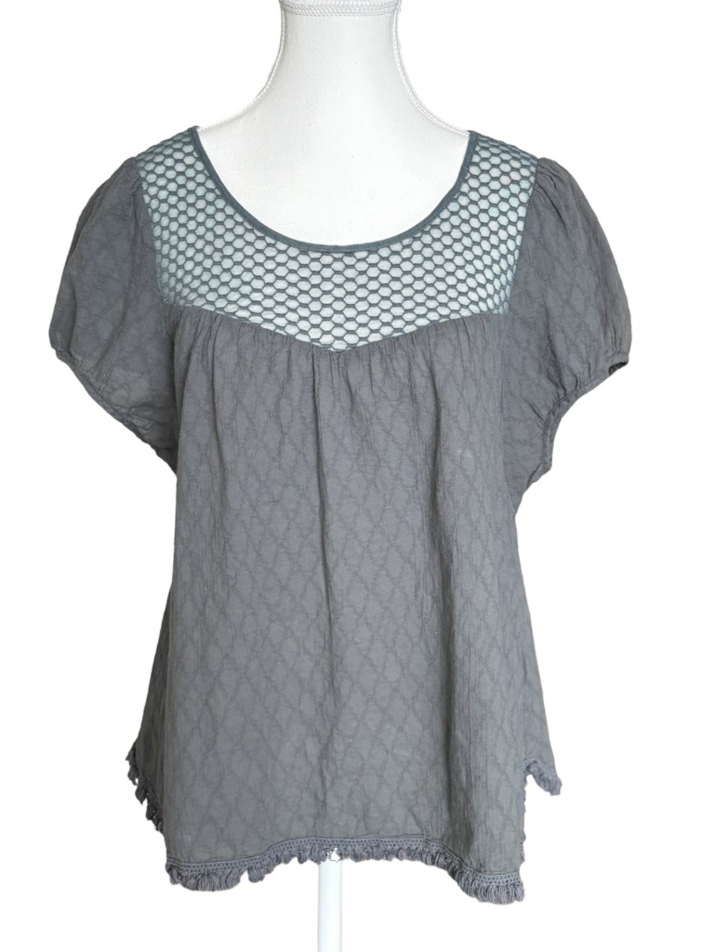 Free People Sage Green Crochet Yoke Puff Sleeve Blouse